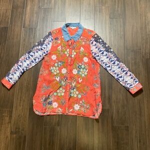 John Mark Medium Floral Embroidered Mixed Media Button Up Roll Tab Sleeves